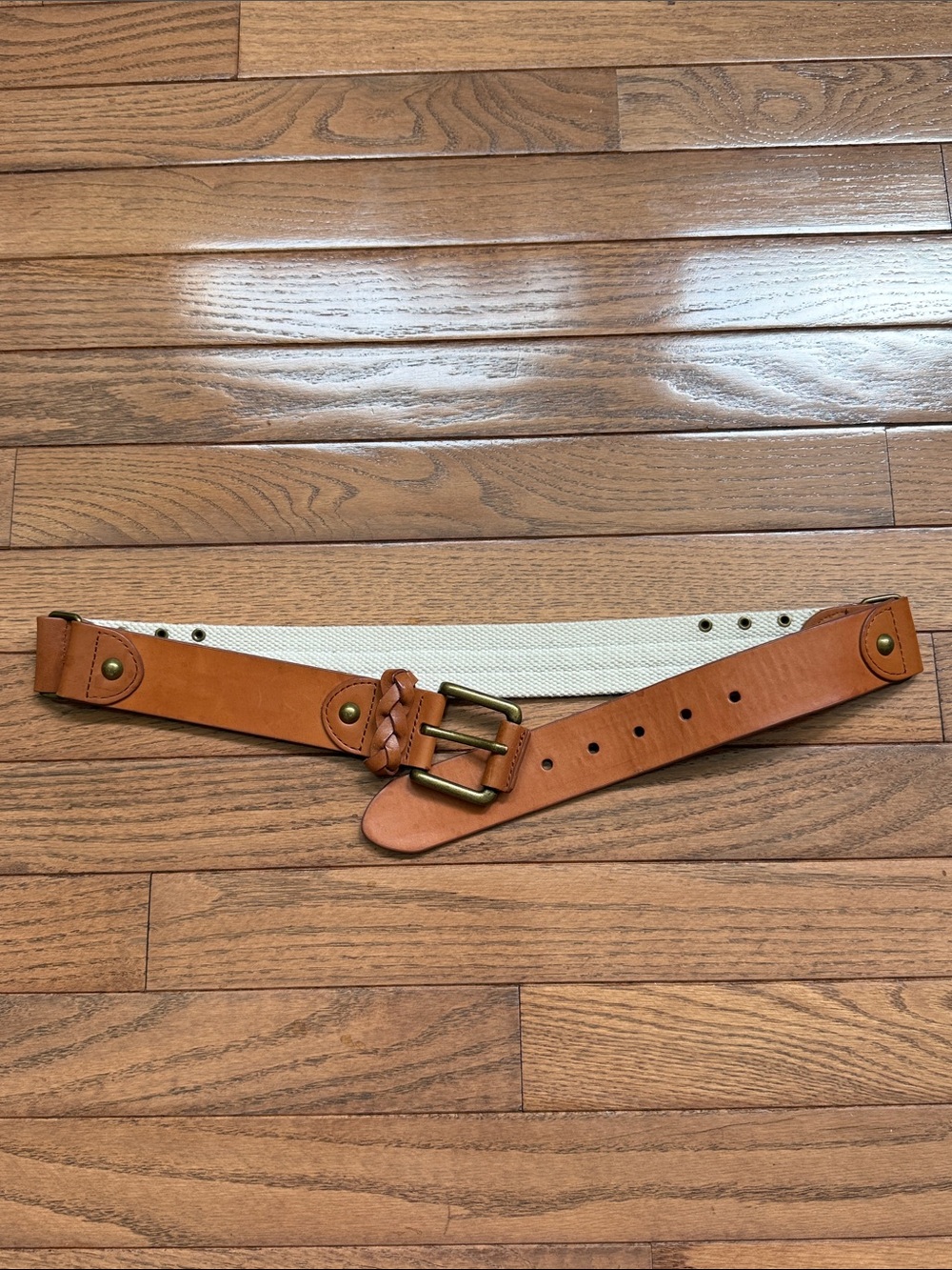 United Colors Of Benetton Tan Leather and Cream Canvas Waist Belt